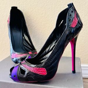 EUC Alexander McQueen Black Leather, Pink Lizard & Purple Satin Stiletto Heels